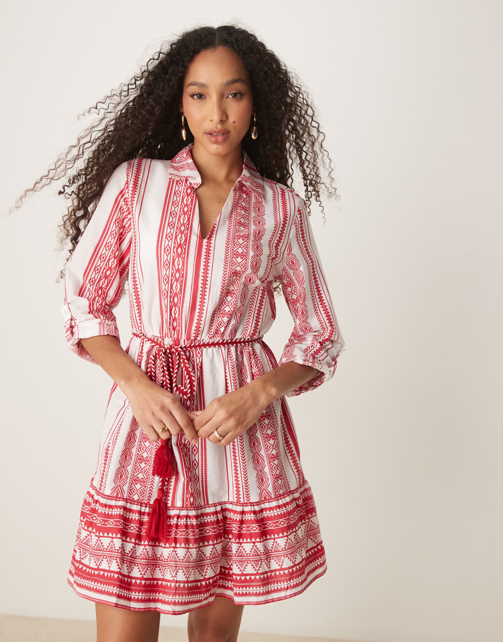 jdy tie waist mini dress in red print