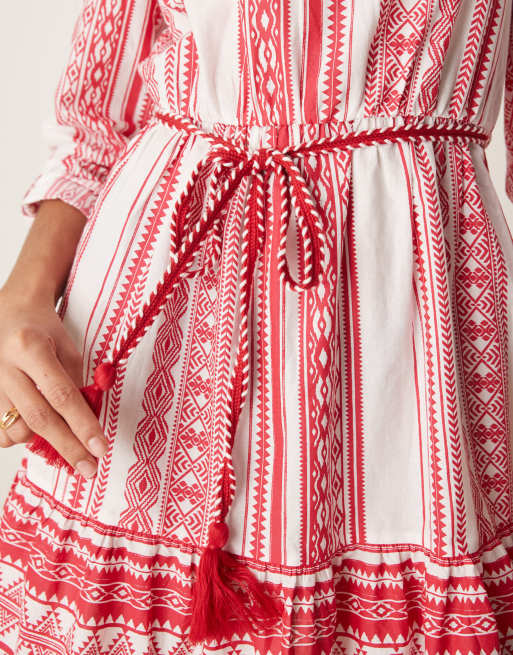 JDY tie waist mini dress in red print, 3 of 4