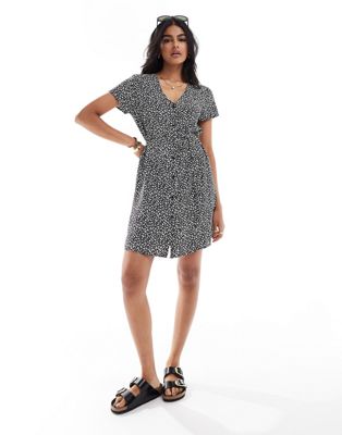tie waist shirt dress in black with ditsy floral