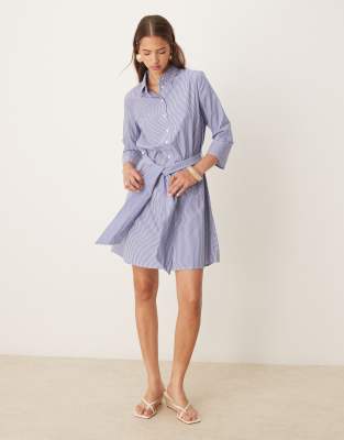 tie waist shirt dress in white & blue pinstripes