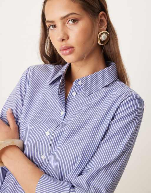 JDY tie waist shirt dress in white & blue pinstripes