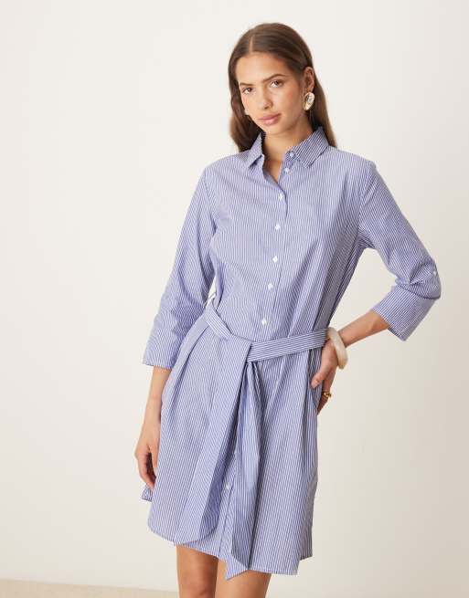 JDY tie waist shirt dress in white & blue pinstripes