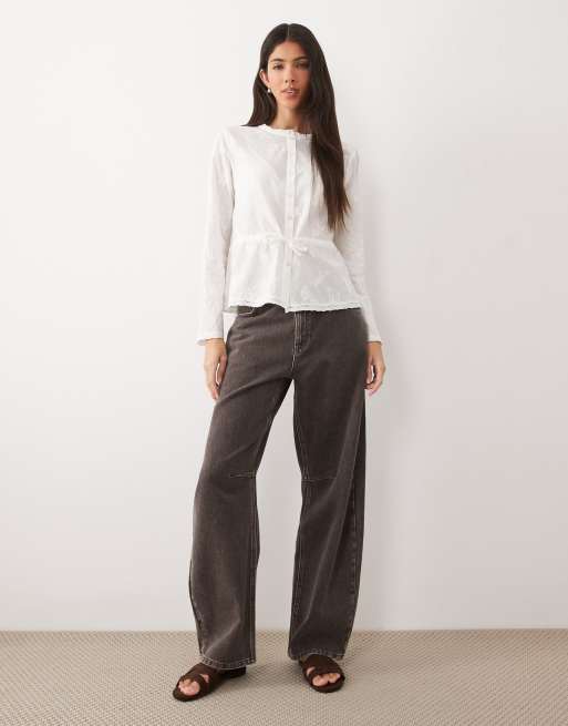 JDY tie waist shirt with floral embroidery in white, 2 of 4