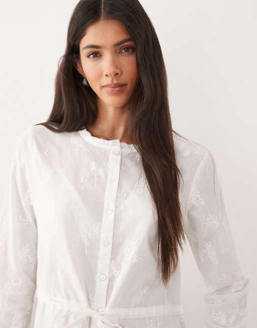 JDY tie waist shirt with floral embroidery in white, 3 of 4