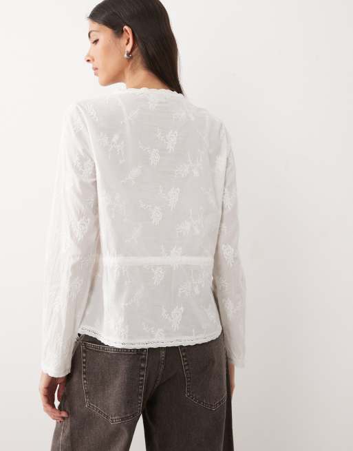 JDY tie waist shirt with floral embroidery in white, 4 of 4