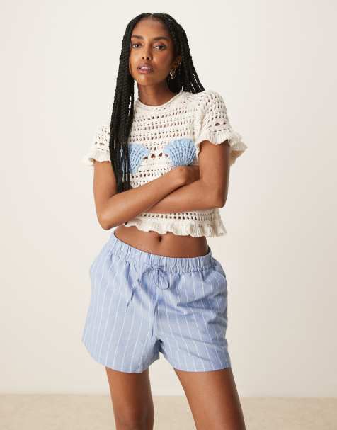JDY tie waist shorts in blue stripes - view 1