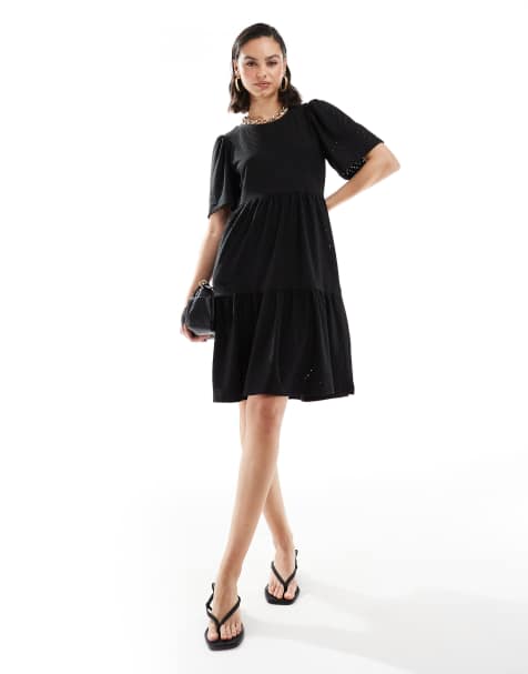 JDY tiered broderie midi dress in black - view 1