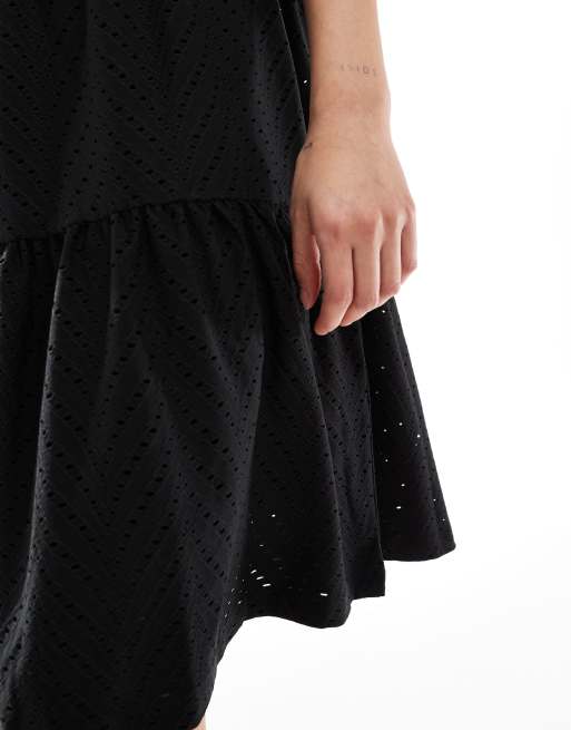JDY tiered broderie midi dress in black, 3 of 4