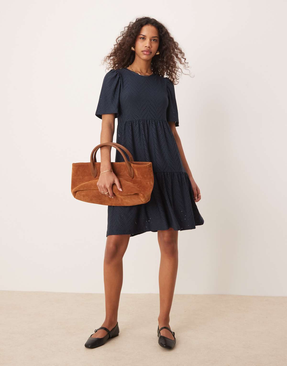 JDY tiered broderie midi dress in navy
