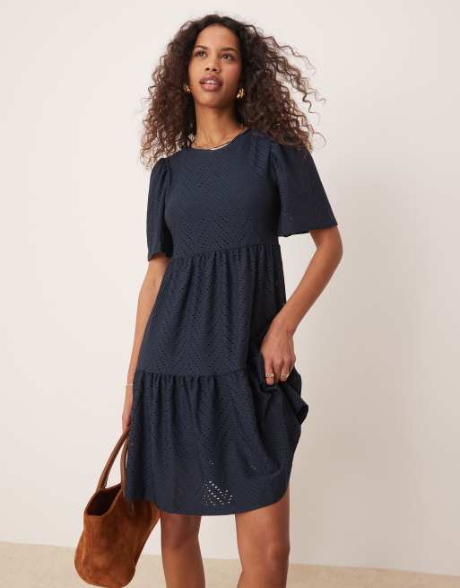 JDY tiered broderie mini dress in navy, 2 of 4