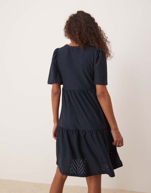 JDY tiered broderie mini dress in navy, 3 of 4
