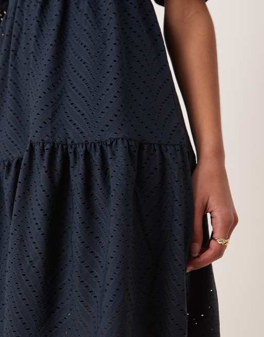 JDY tiered broderie mini dress in navy, 4 of 4