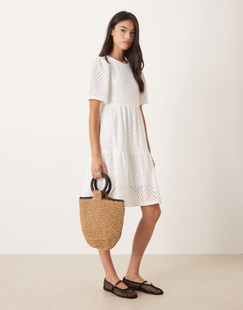 JDY tiered broderie mini dress in white - view 1