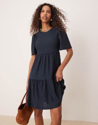 Jdy Tiered Eyelet Midi Dress In Navy