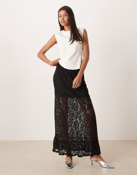 JDY tiered lace maxi skirt with lining in black - view 1