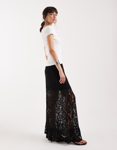 JDY tiered lace maxi skirt with lining in black