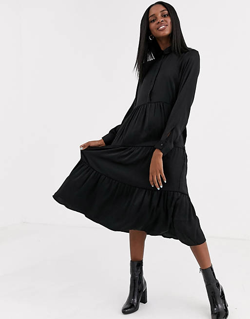 JDY tiered maxi shirt dress in black | ASOS