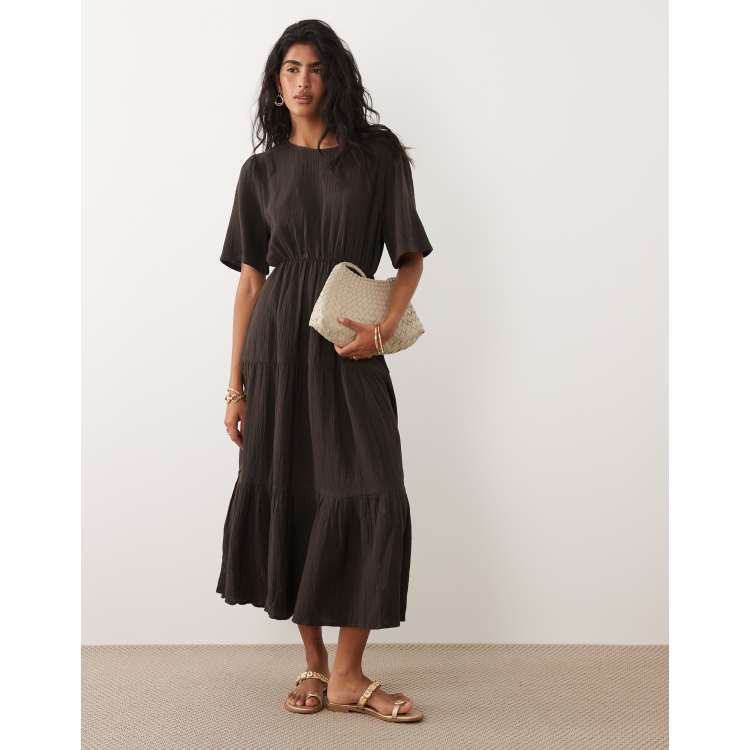 JDY tiered midi dress in chocolate brown | ASOS