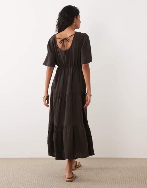 JDY tiered midi dress in chocolate brown
