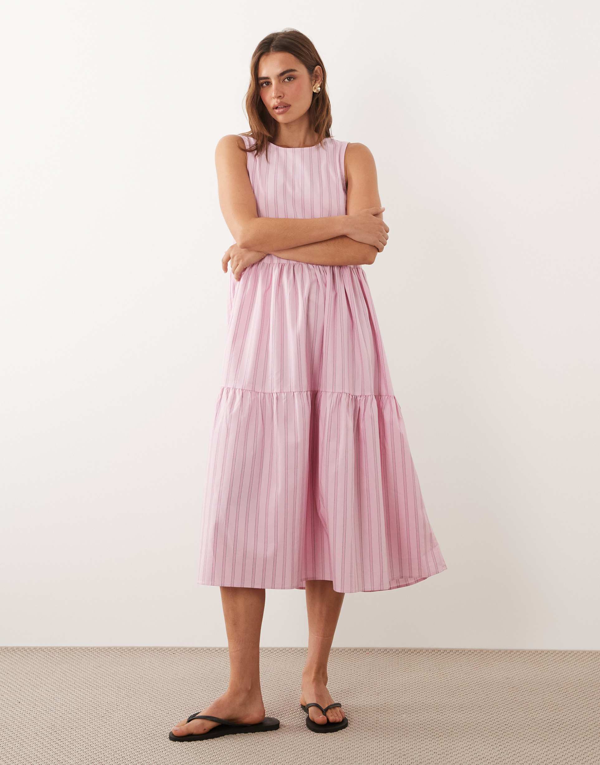 jdy tiered midi dress in pink stripes