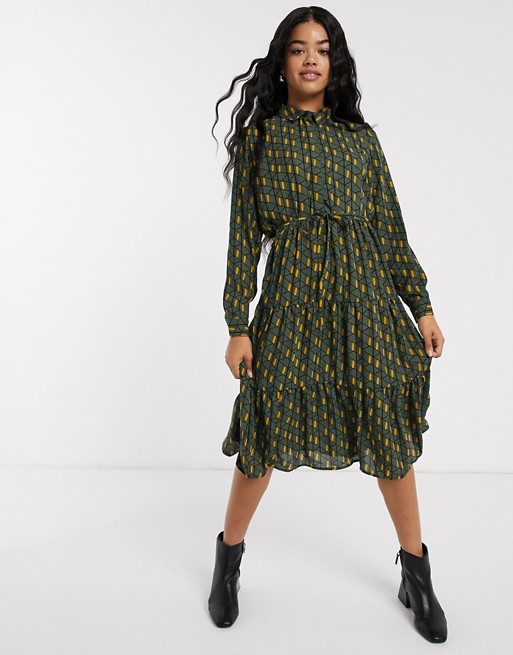 JDY tiered midi dress with belted waist in green geo print