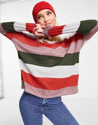 JDY tonsy long sleeve v-neck jersey top in colourblock green and pink stripe