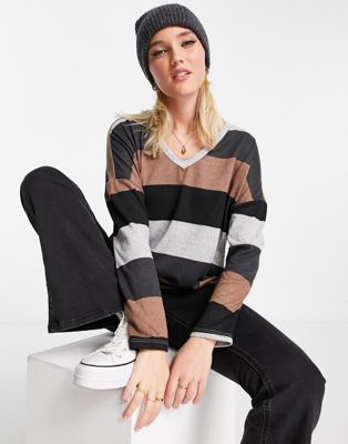 JDY tonsy long sleeve v-neck jersey top in colourblock grey and gold stripe