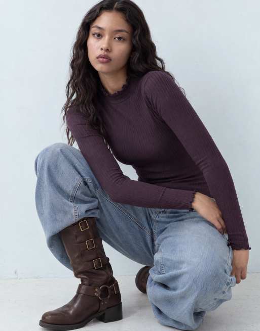 JDY top a collo alto con bordo a lattuga color prugna, 6 di 10