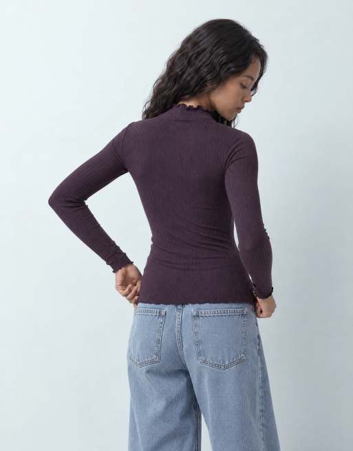 JDY top a collo alto con bordo a lattuga color prugna, 7 di 10