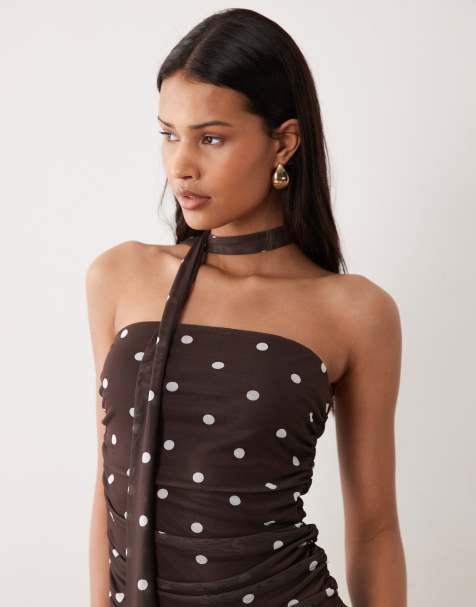 JDY - Top a fascia marrone a pois con dettaglio foulard - view 1