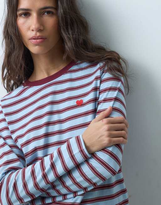 JDY top à manches longues à broderie cœur, à rayures bleu clair et rouges, 2 de 5