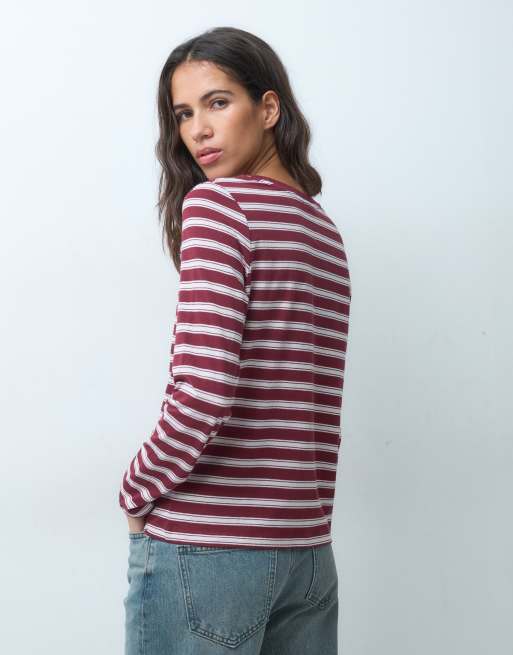 JDY top à manches longues à broderie cœur, à rayures bordeaux et roses, 5 de 5