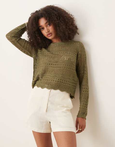 JDY - Top a maniche lunghe all'uncinetto kaki con scollo a barchetta - view 1
