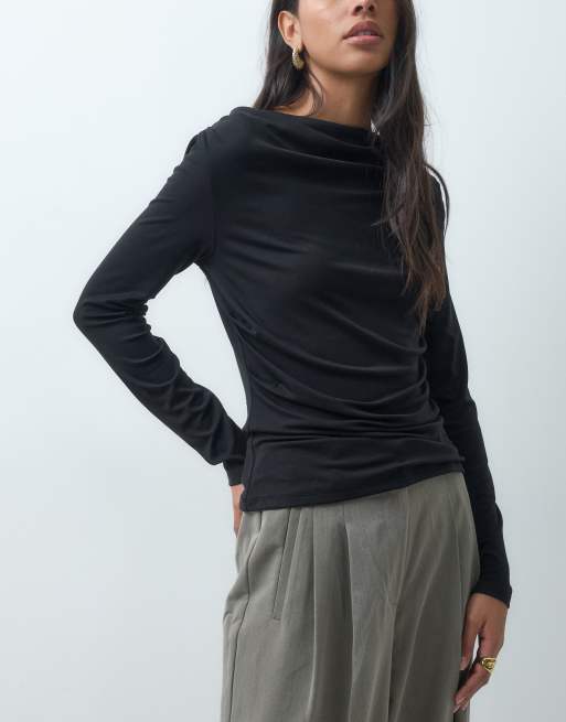 JDY top a maniche lunghe con scollo cascata nero, 3 di 4