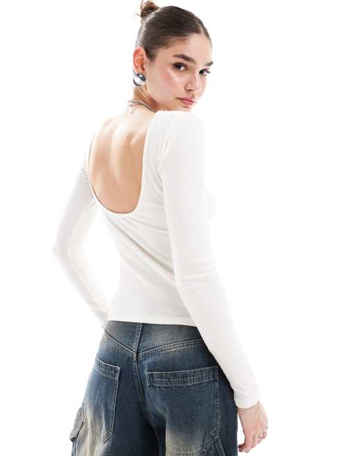 JDY - Top a maniche lunghe crema a coste con scollatura sul retro