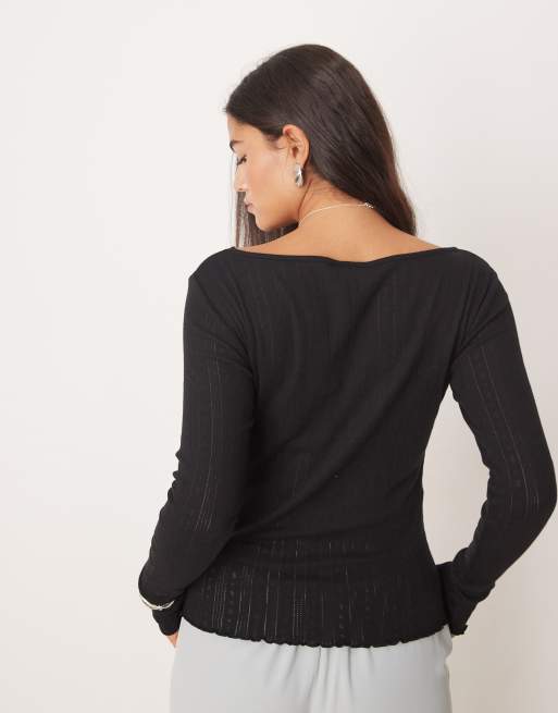 JDY - Top a maniche lunghe nero in cotone con bordo ondulato e scollo a barchetta, 4 di 4
