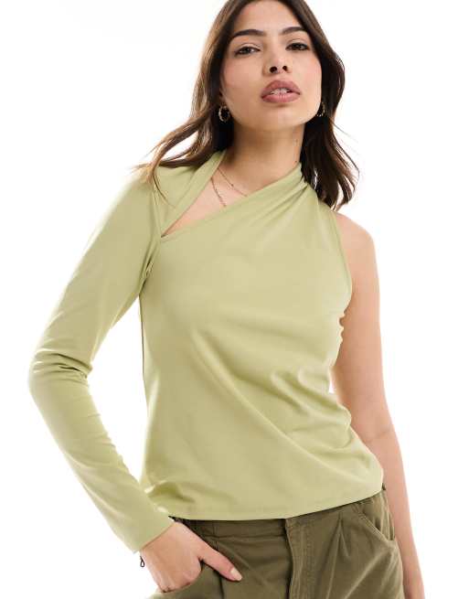 JDY - Top asymétrique à manche unique - Vert sauge