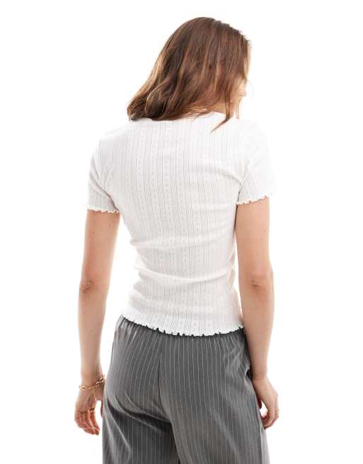 JDY - Top bianco traforato con bordi smerlati, 3 di 4