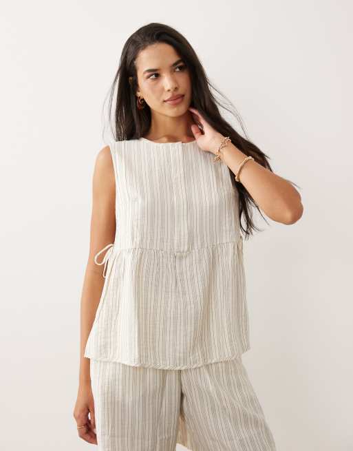 JDY - Top con laccetti laterali color crema gessato nero in coordinato