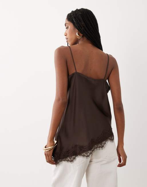JDY top de tirantes asimétrico con borde de encaje en chocolate, 3 de 4