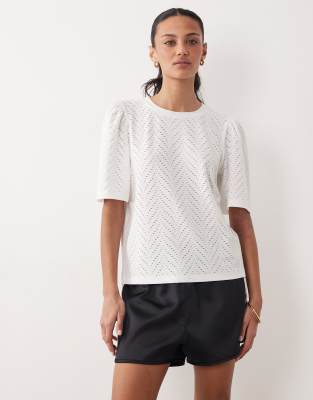 Top en broderie anglaise à manches longues - Blanc S