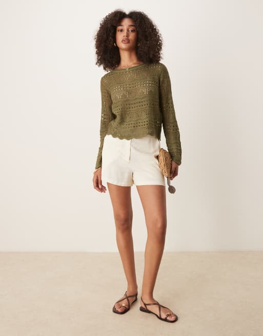 JDY - Top en crochet à encolure bateau et manches longues - Kaki, 2 de 4