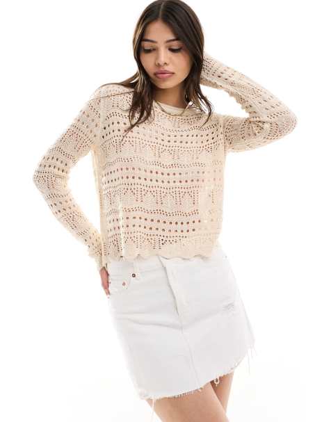 JDY - Top en maille ajourée à bords festonnés - Beige - view 1