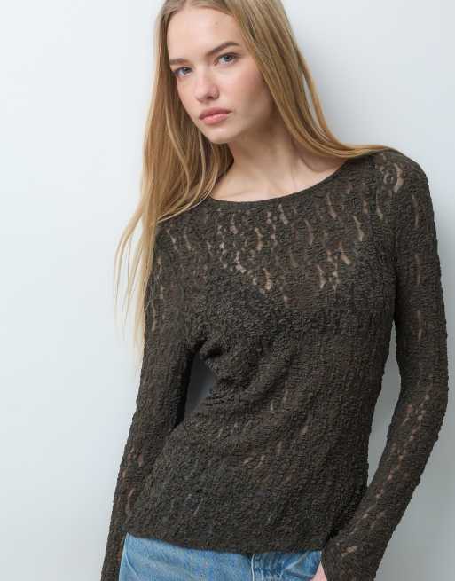 JDY top in pizzo asimmetrico a maniche lunghe verde oliva scuro, 4 di 5