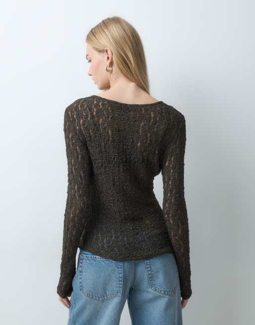 JDY top in pizzo asimmetrico a maniche lunghe verde oliva scuro, 5 di 5
