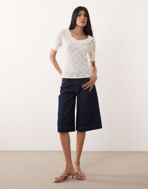 JDY - Top in pizzo color crema con scollo rotondo e colletto con volant - view 1