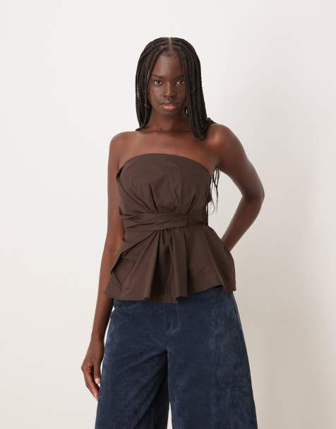 JDY - Top marrone scuro a corsetto con dettagli arricciati - view 1