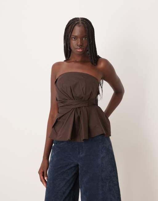 JDY - Top marrone scuro a corsetto con dettagli arricciati