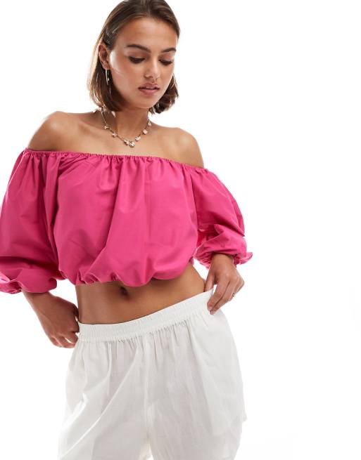 JDY - Top met blote schouders en ballonmouwen in roze