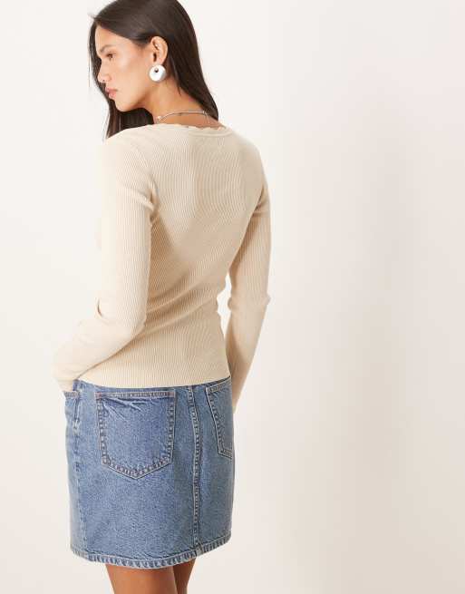 JDY - Top met geschulpte rand en lange mouwen in beige, 4 van 4